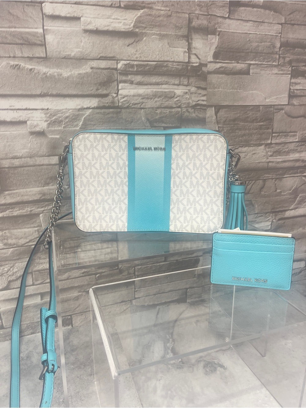Michael Kors Crossbody Ocean Blue & White Ombré Center Stripe & Card Case